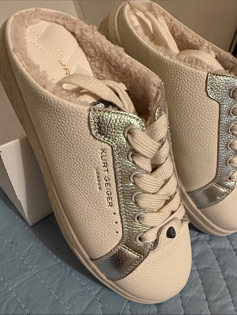 Kurt Geiger Cream Sneakers with Silver Metallic Trim